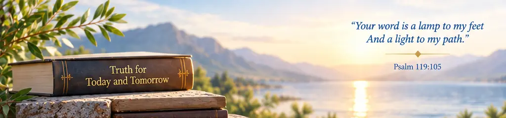Books beside a peaceful mountain lake, with Psalm 119:105.