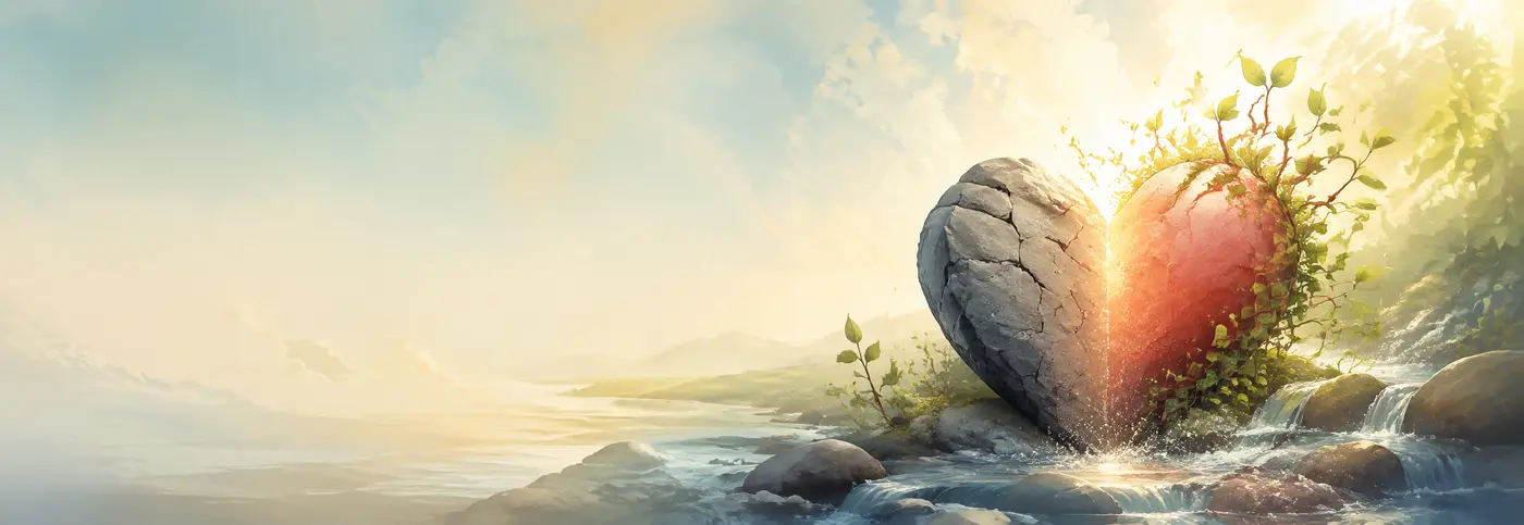 A heart of stone transformed into a living heart with water, new growth and light.